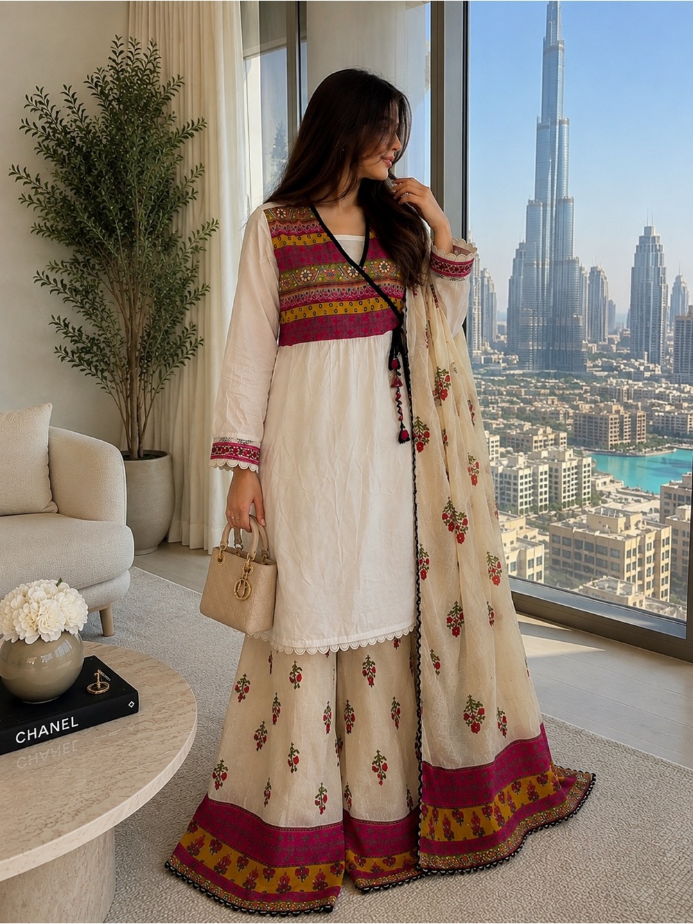 White Cotton Kurta Set with Magenta Embroidered Yoke